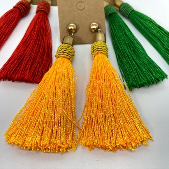 Long Silk Tassel Earrings Set of Three Red Green Yellow - Picture 2 of 6